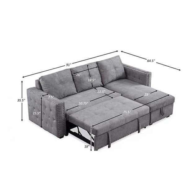 Reversible Gray Velvet Sleeper Sectional Sofa, 90.5 in, 3 Seat, L-Shape With Storage