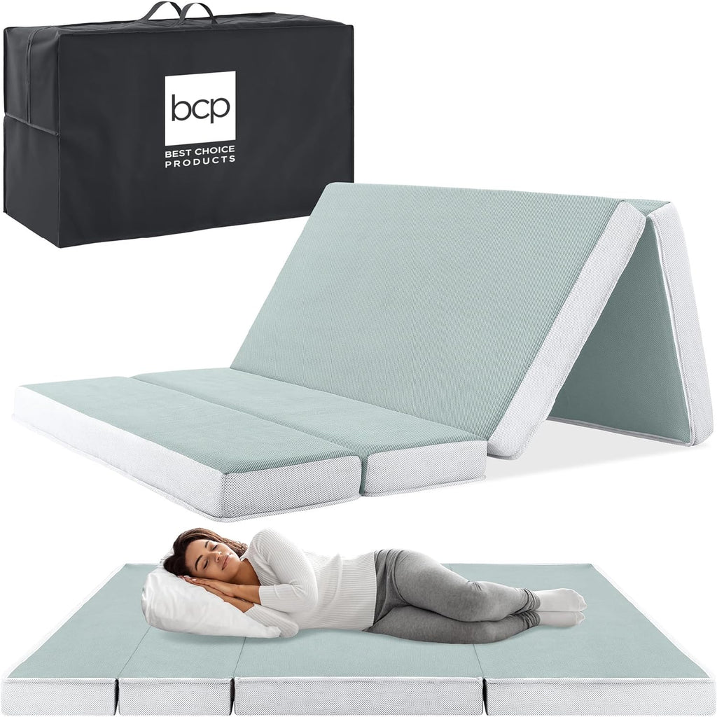 Best Choice Products Queen-Size 4in Tri-Fold Foam Mattress With Carry Case - Grey