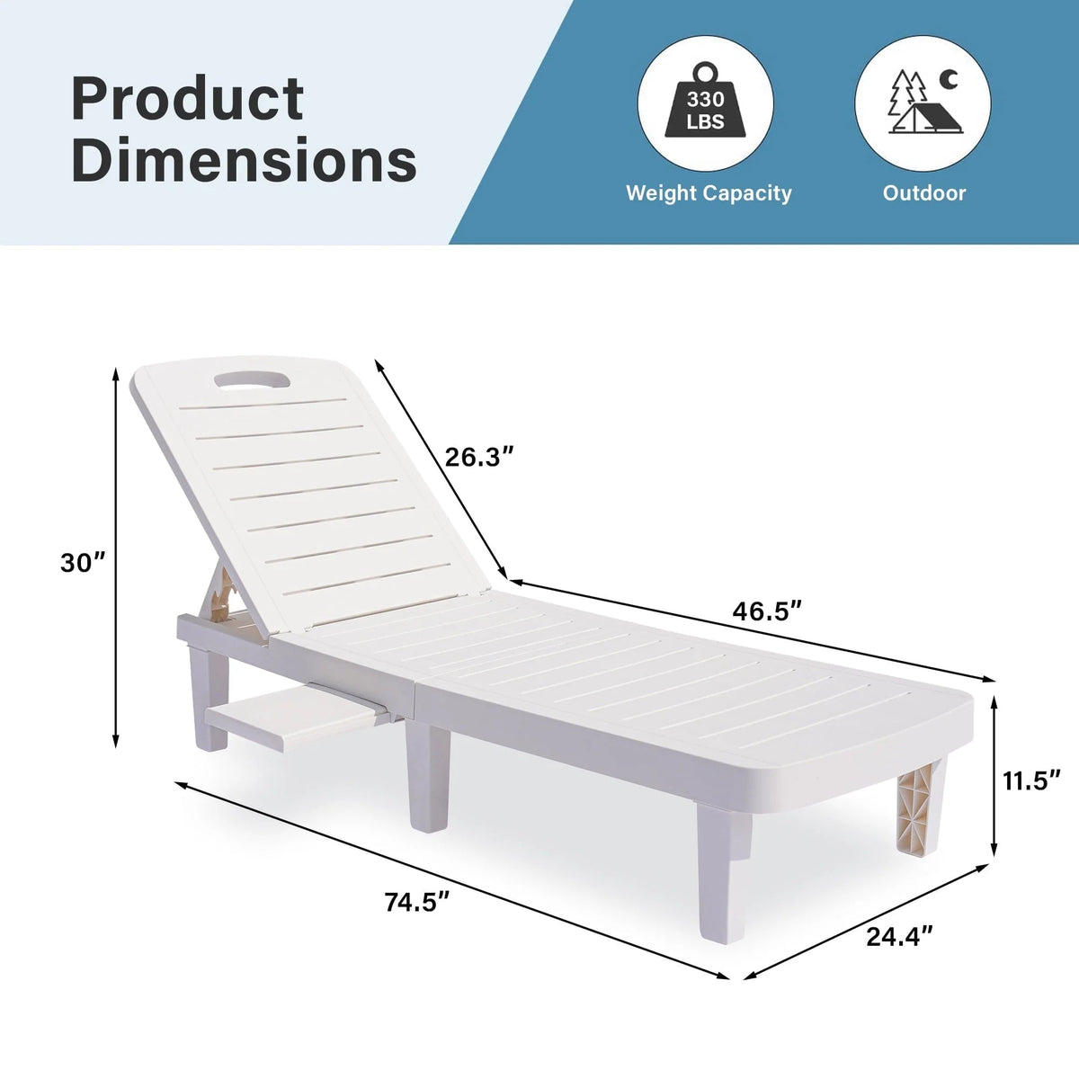 Outdoor Adjustable Patio Lounge Chair Set Of 2 With Side Table, White - 74.5 x 24.4 x 30 inch