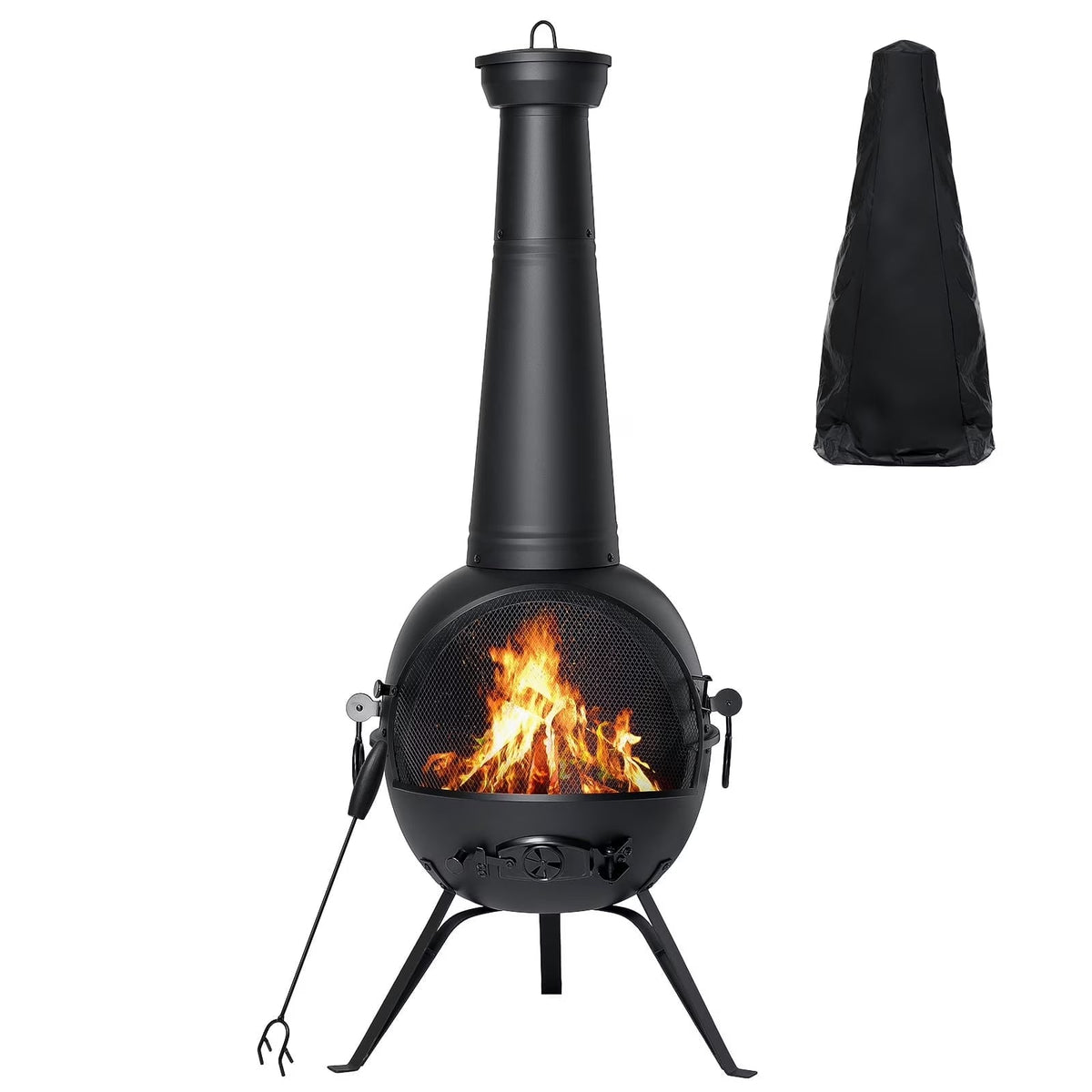 SinglyFire Outdoor Wood-Burning Cast Iron Chiminea Fireplace With Cover Rain Lids - Black