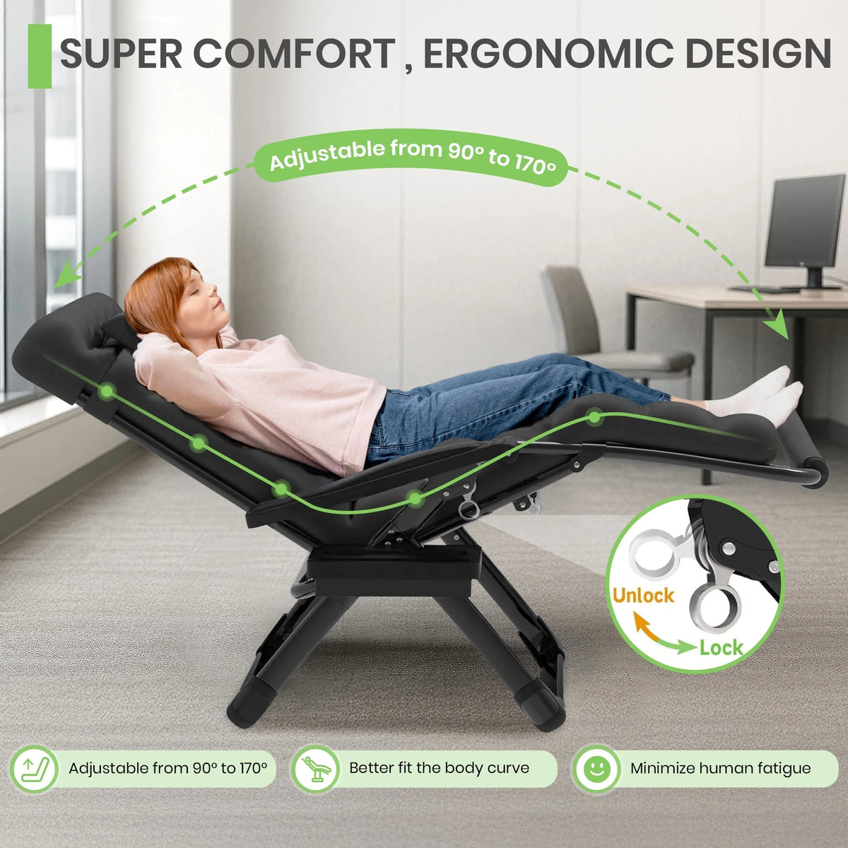 GVDV Zero Gravity Lounge Chair With Cushion And Cup Holder, 31 in D x 33 in W x 45 in H, Black