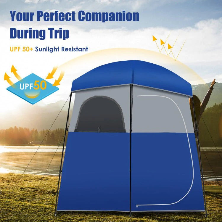 Double-Room Camping Privacy Shower Toilet Tent, Blue, 7ft x 3.5ft x 7ft - With Storage Bag