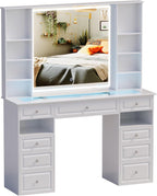 Vanity Desk With Mirror And Lights, Glass Top, 9 Drawers, White