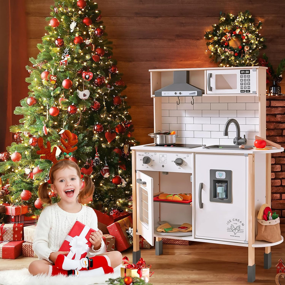 Tiny Land Wooden Children's Play Kitchen Set, White, 30.3 x 11.8 x 40 Inches
