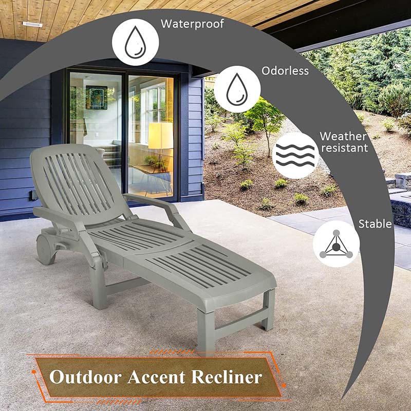 Folding Plastic Outdoor Chaise Lounge Chair With Wheels, 6-Position, 65.5 x 29 x 16.5-37 in, 330 lbs