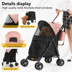 3 In 1 Folding Pet Stroller With Storage Basket And Cup Holder, Pink