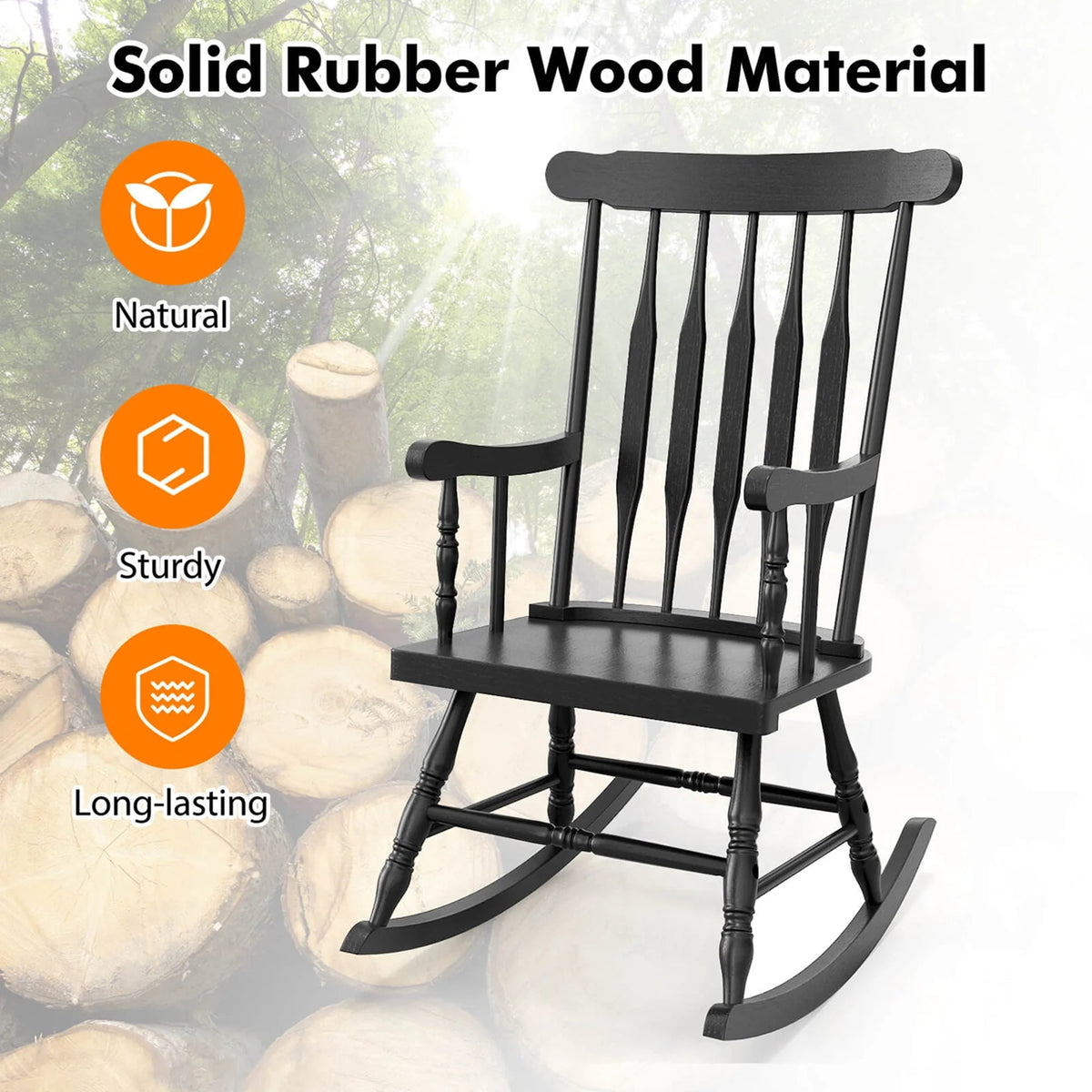 Costway Rubber Wood Rocking Chair, White, 22 x 32 x 44 in, 300 lbs