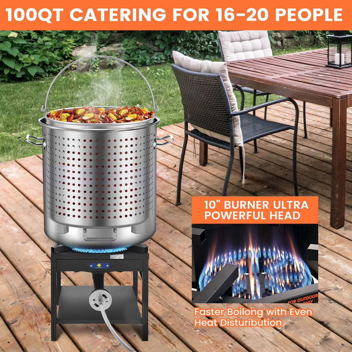 100QT Stainless Steel Seafood Boiling Kit With 82QT Basket And 200,000BTU Propane Stove