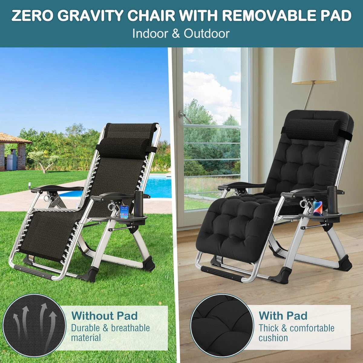 NAIZEA Zero Gravity Chair With Removable Cushion, Cup Holder, and Black Color