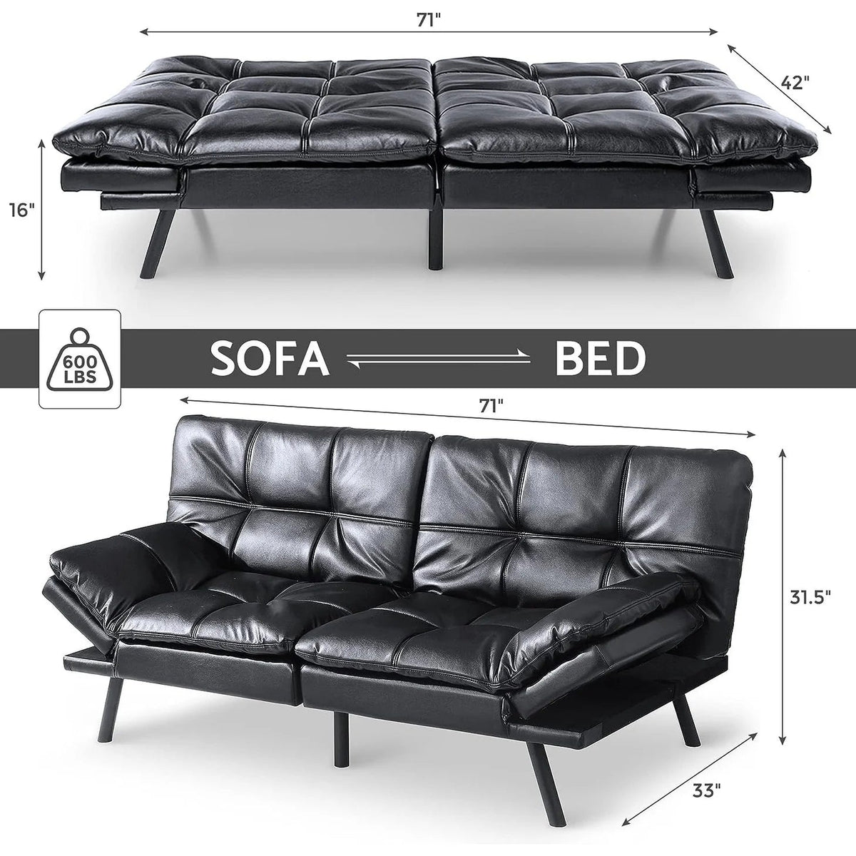 Convertible Futon Sofa Bed With Memory Foam, 71in
