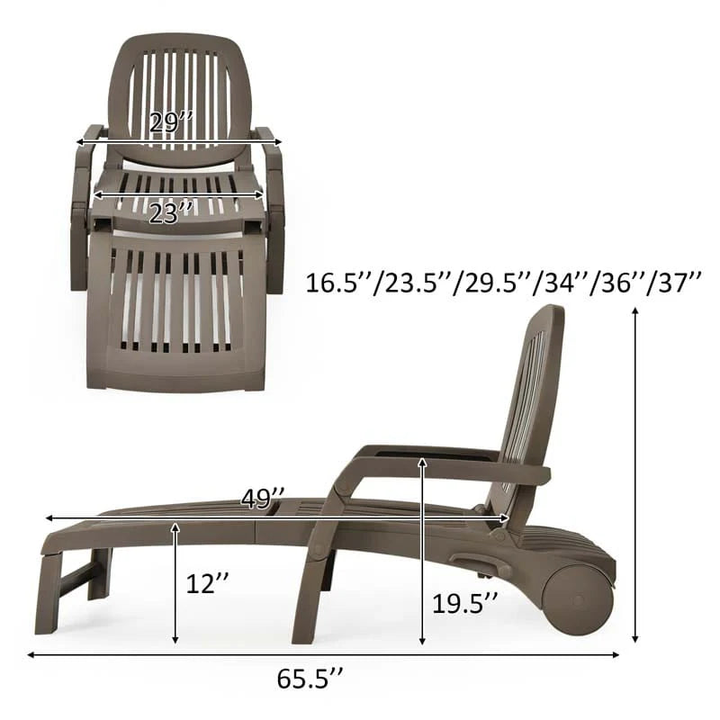 Folding Plastic Outdoor Chaise Lounge Chair With Wheels, 6-Position, 65.5 x 29 x 16.5-37 in, 330 lbs