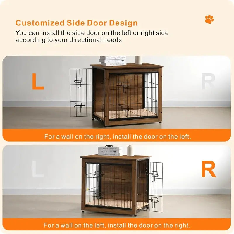 DWANTON Wooden Dog Crate Furniture With Cushion, Double Doors And Adjustable Feet