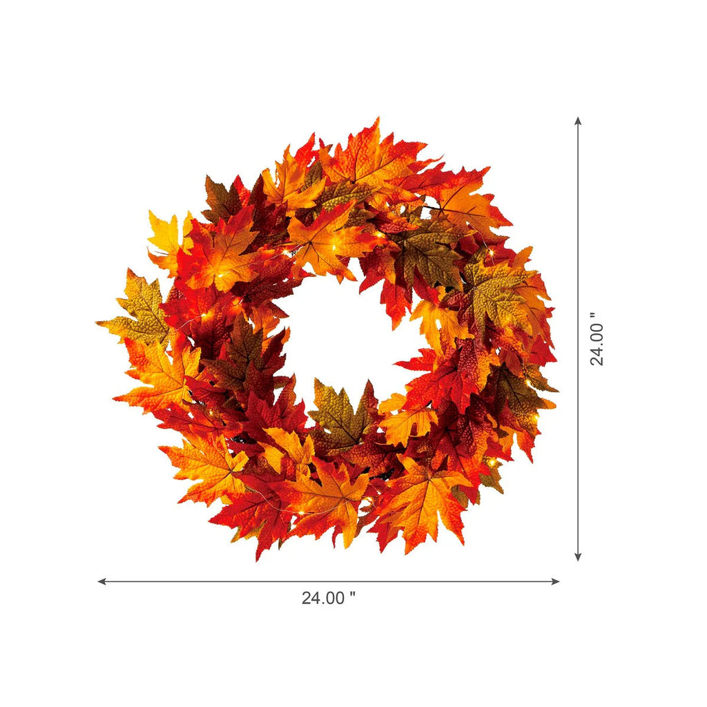 Thanksgiving LED Lighted Fall Maple Leaf Wreath And Garland, 24 in Wreath / 72 in Garland - 20 Clear Lights