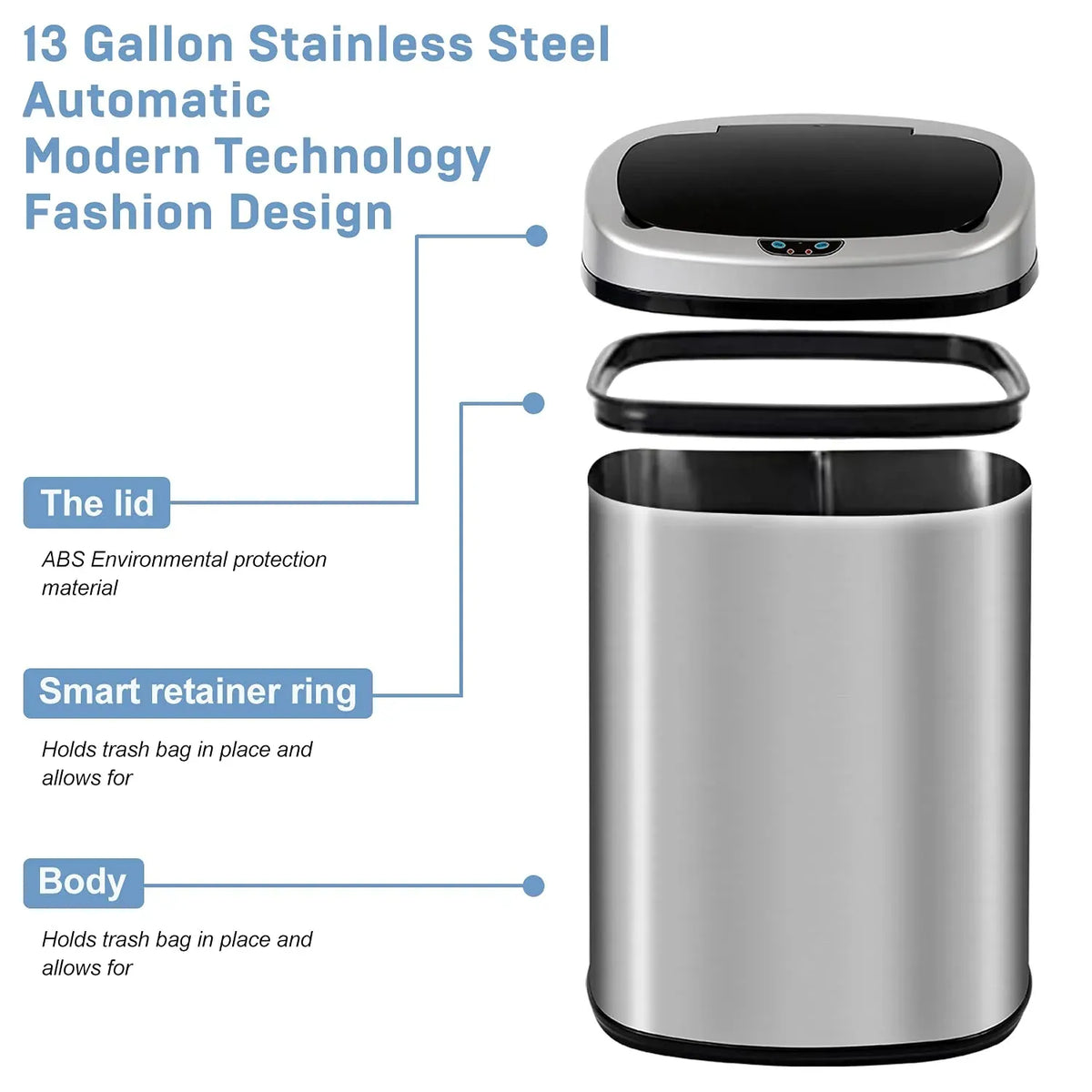 Bigacc 13 Gallon 50 Liter Automatic Stainless Steel Kitchen Trash Can - Automatic-Silver