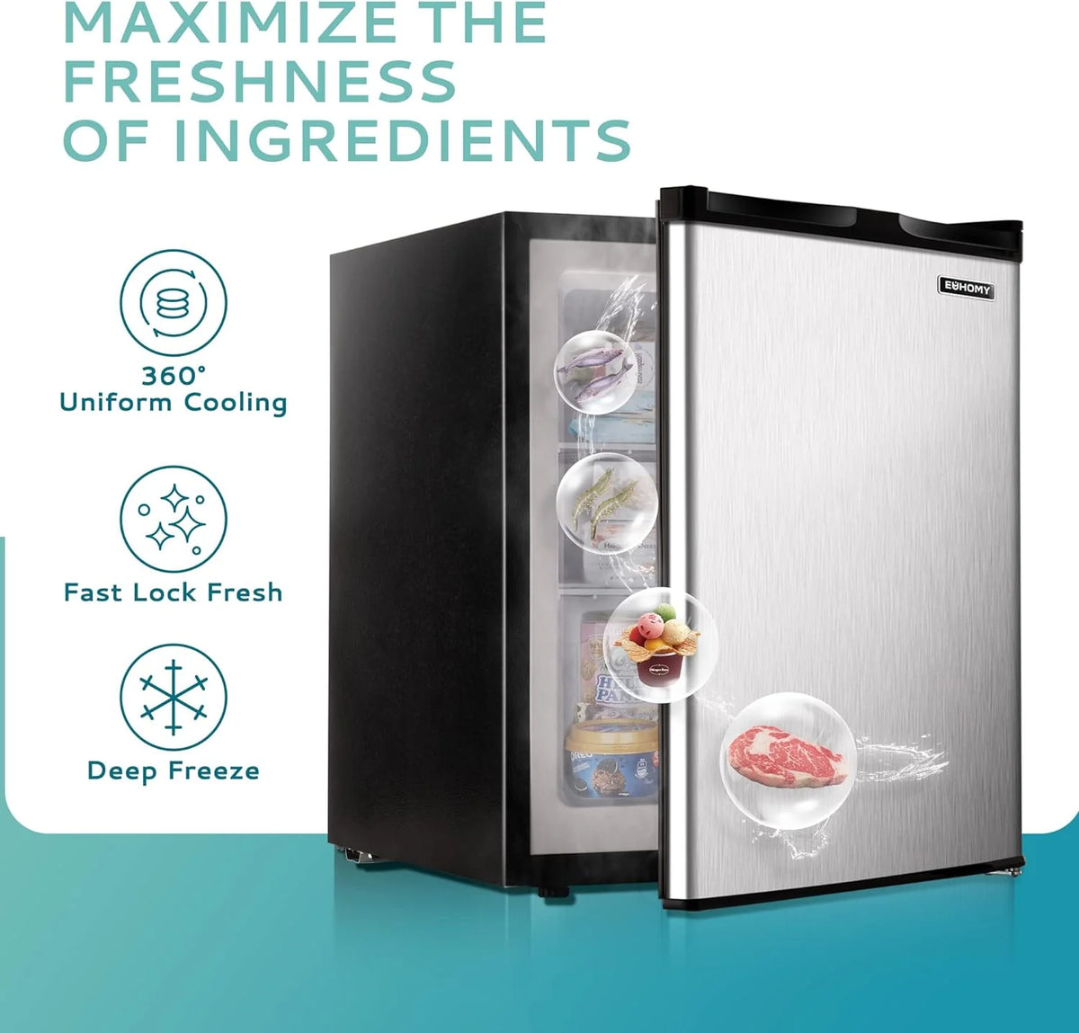 EUHOMY Compact Upright Freezer, 3.0 Cubic Feet, Silver Stainless Steel Door - MF-30-Y
