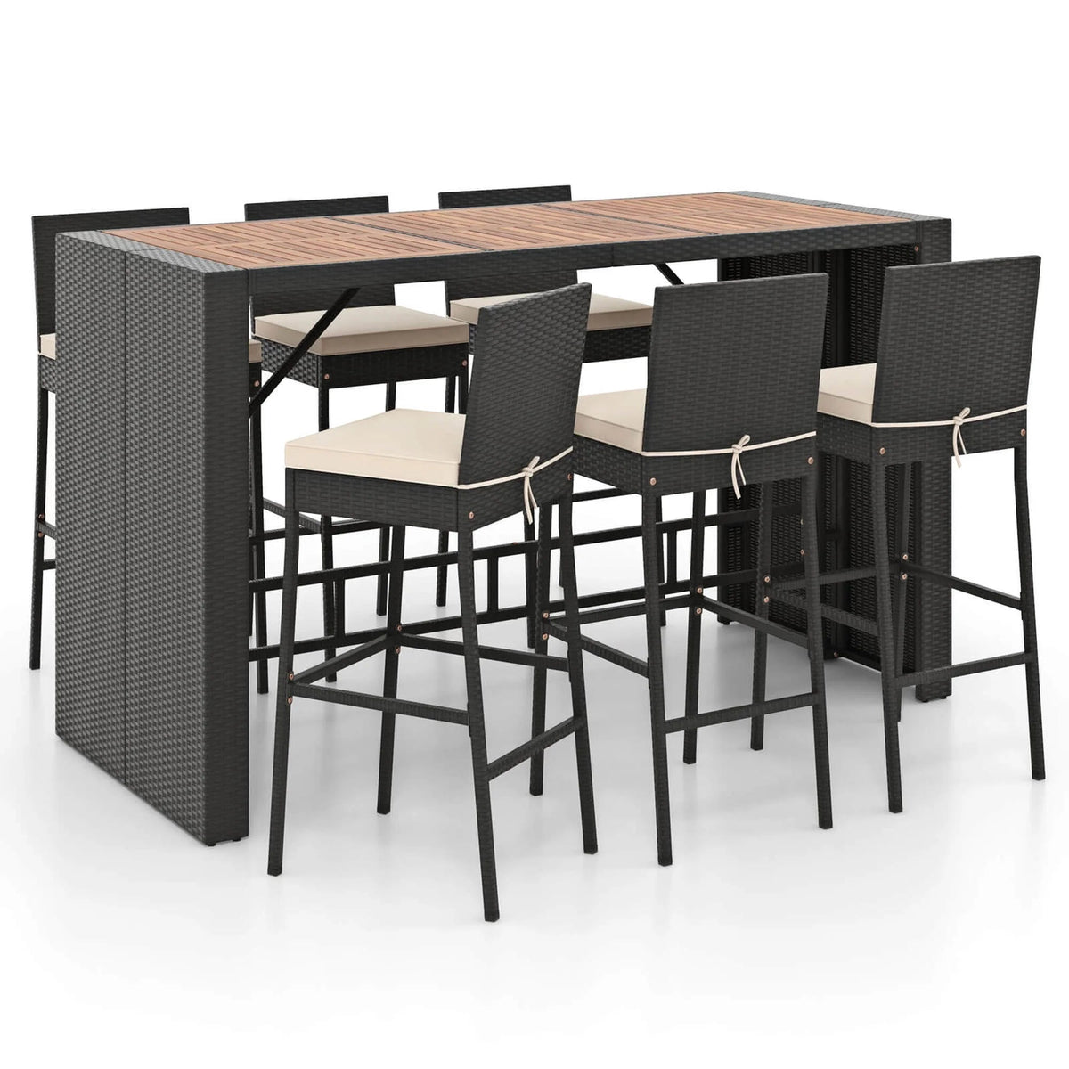 Costway 7-Piece Outdoor Patio Bar Set With Acacia Wood Tabletop, Black And Off White - 73in x 31.5in x 43.5in
