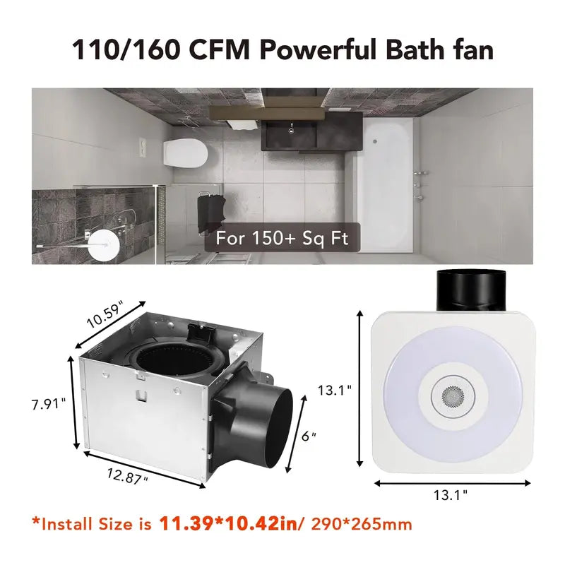 OREiN Bluetooth Bathroom Exhaust Fan With 3CCT LED Light And Speaker, 110/160 CFM