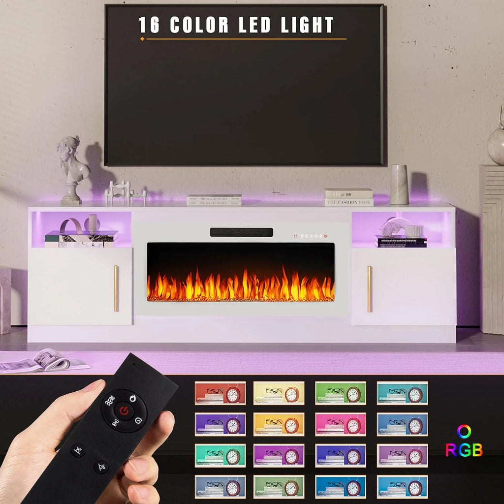 Waleaf TV Stand With 18 in Electric Fireplace And Adjustable Glass Shelves - TVs Up To 65 inch