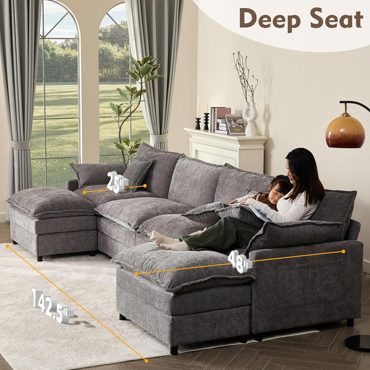 108 Inch U Shape Sectional Sofa With Removable Footstool