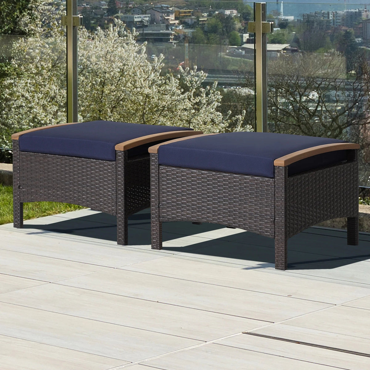 Costway Set Of 2 Patio Rattan Ottoman Footrests With Cushions, Mix Brown/Beige, 25 x 20 x 16 in