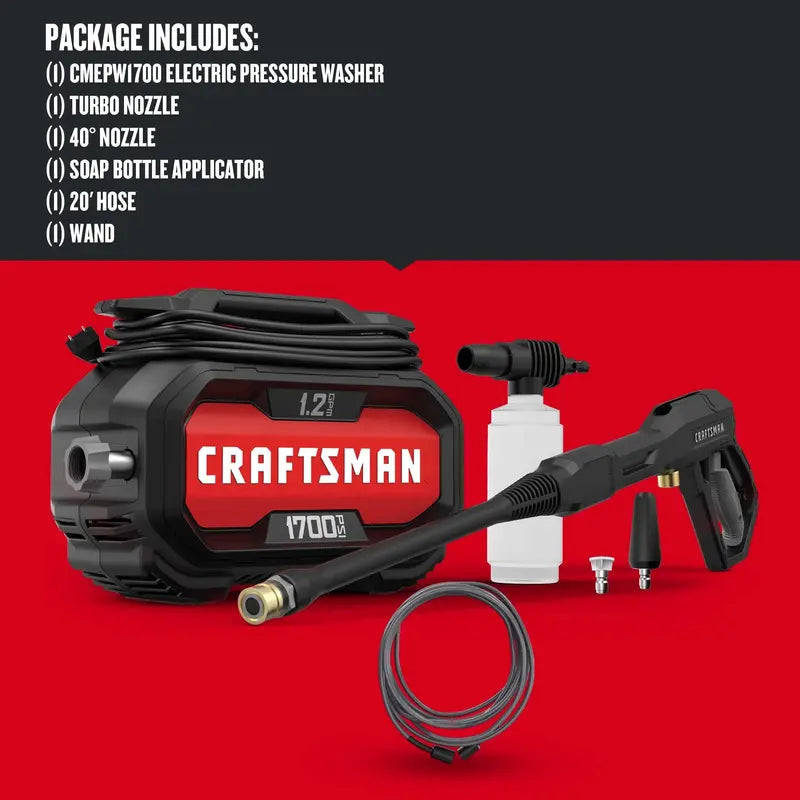 CRAFTSMAN Electric Pressure Washer 1700 PSI 1.2 GPM 13 Amp 20 ft Hose 35 ft Cord