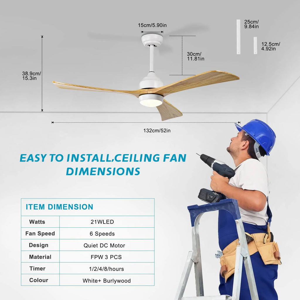 52in 3-Blade Ceiling Fan With Lights, Remote Control, 6 Speeds, Matte Black and Black Walnut