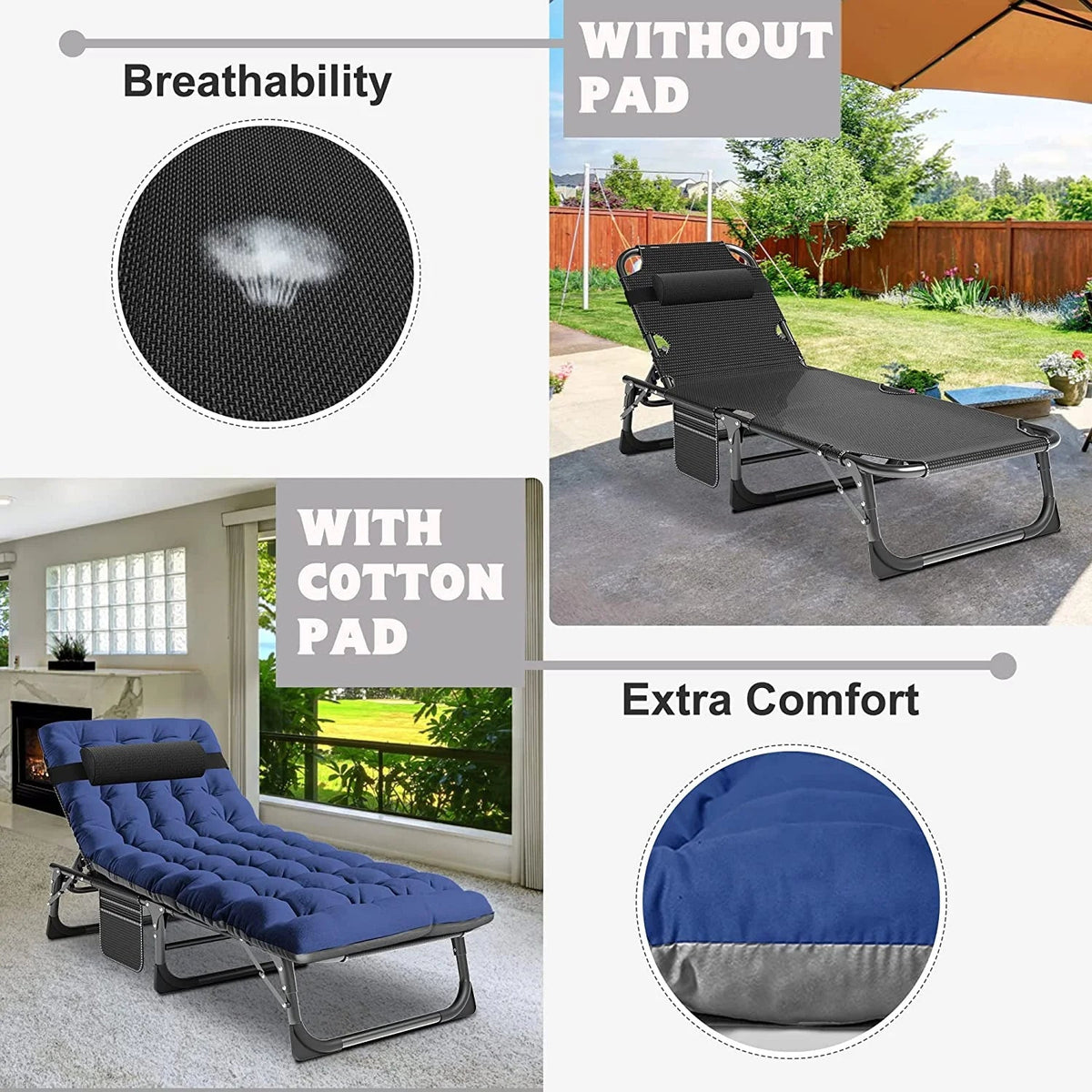 Slsy 5-Position Adjustable Folding Lounge Chair And Cot - 75.2" x 25.6" x 11.8"
