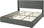 Queen Size Lift-Up Storage Bed With Wingback Headboard, Upholstered Platform Bed Frame With Hidden Storage