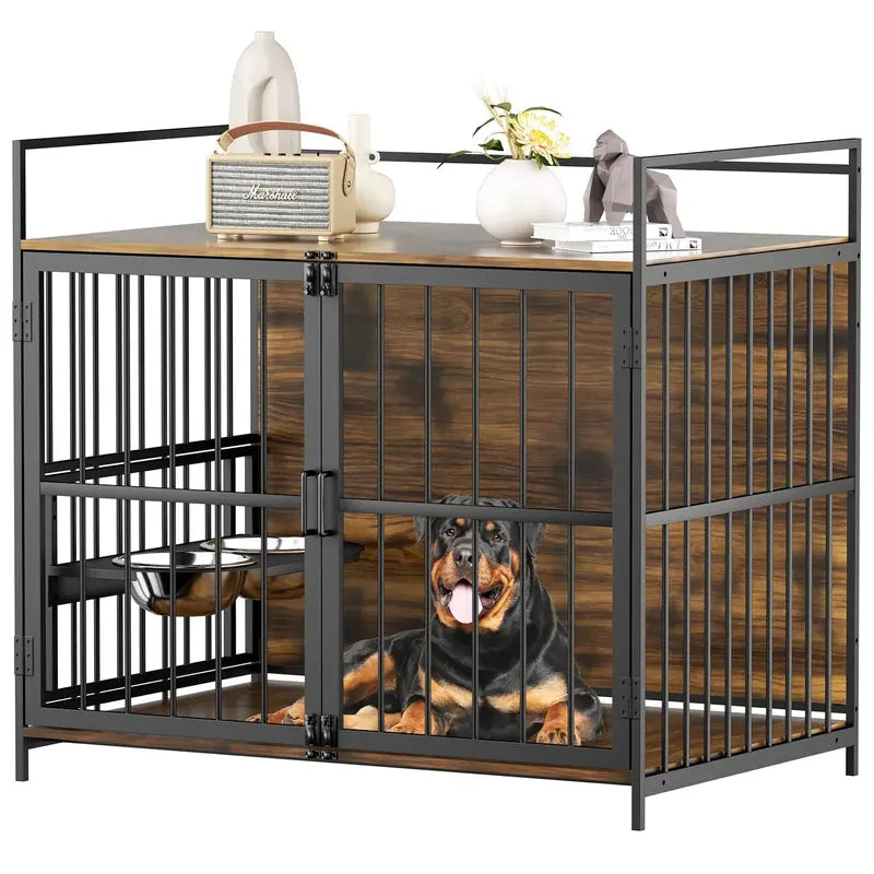 ROOMTEC Large Dog Crate Furniture With Adjustable Bowls, Steel Frame, 48in x 30.3in x 43in
