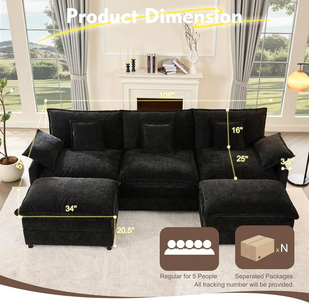 108 Inch U Shape Sectional Sofa With Removable Footstool