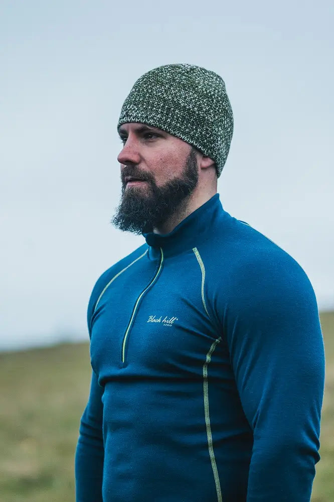 Merino Wool Beanie, Green Heather - Snowy