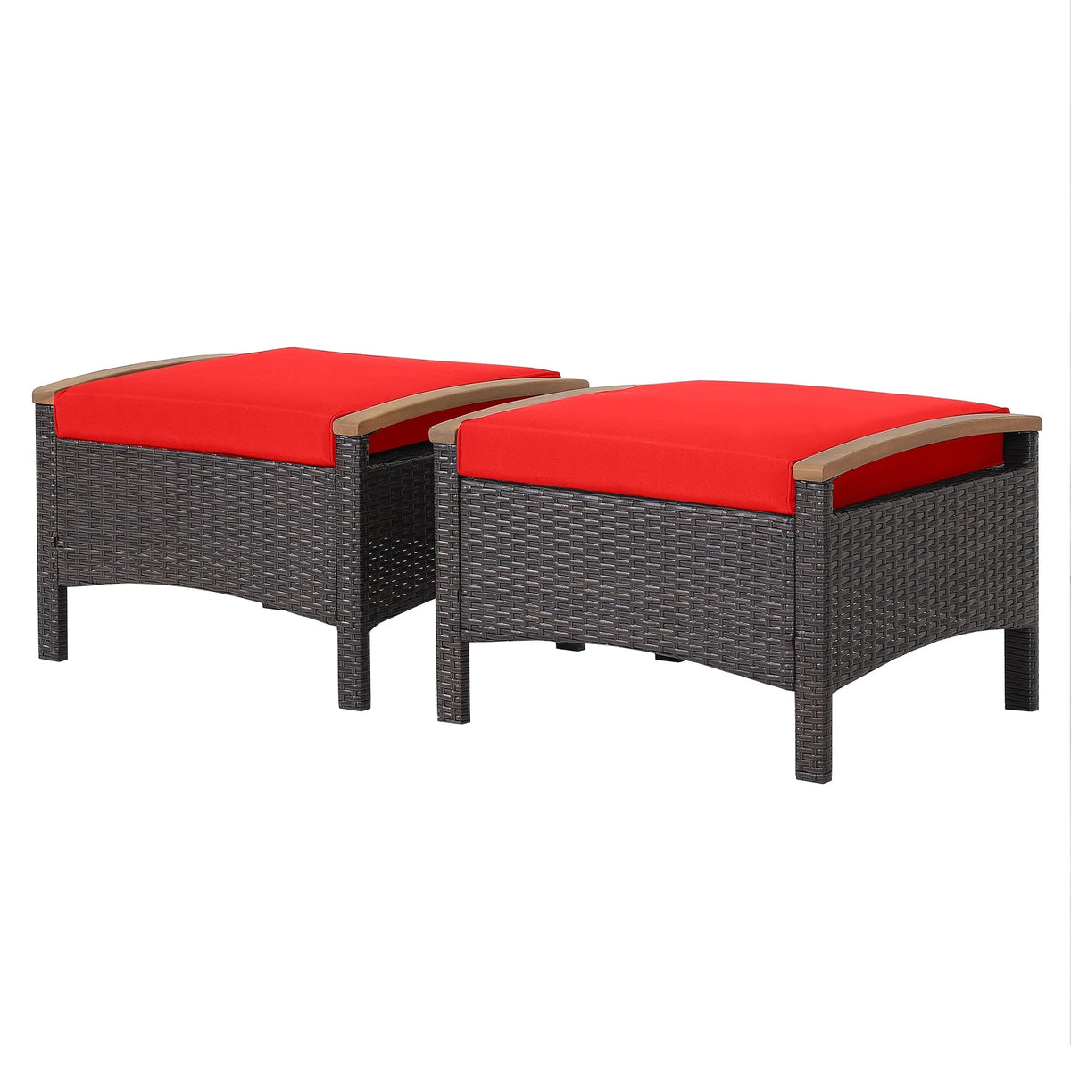 Costway Set Of 2 Patio Rattan Ottoman Footrests With Cushions, Mix Brown/Beige, 25 x 20 x 16 in