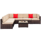 SESSLIFE 7-Piece Wicker Patio Sofa Set With Glass Coffee Table - Brown Rattan Beige Cushions