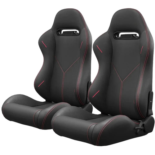 2PC Universal Reclinable Bucket Racing Seats With Adjustor Slider - Red PVC Leather