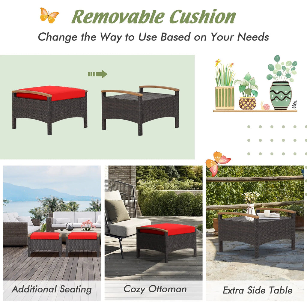 Costway Set Of 2 Patio Rattan Ottoman Footrests With Cushions, Mix Brown/Beige, 25 x 20 x 16 in