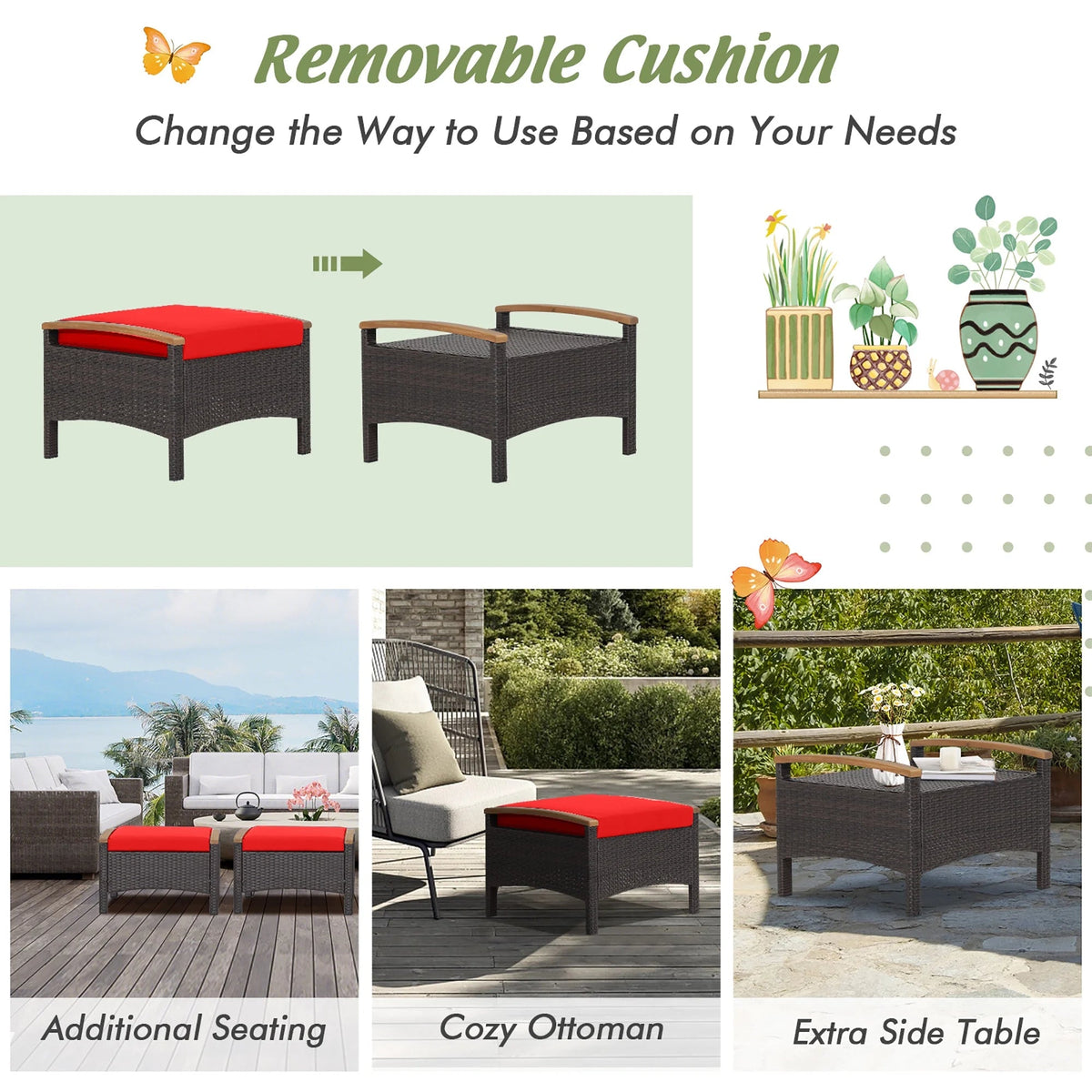 Costway Set Of 2 Patio Rattan Ottoman Footrests With Cushions, Mix Brown/Beige, 25 x 20 x 16 in