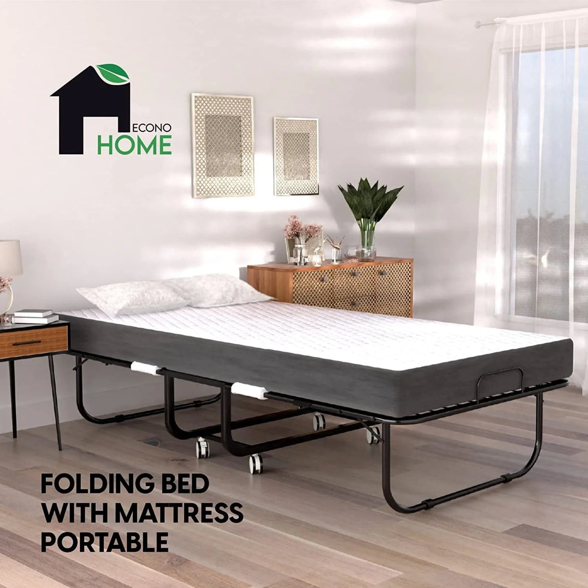 EconoHome Folding Bed With 5-Inch Memory Foam Cot Mattress, 75x31 - Portable Rollaway Bed