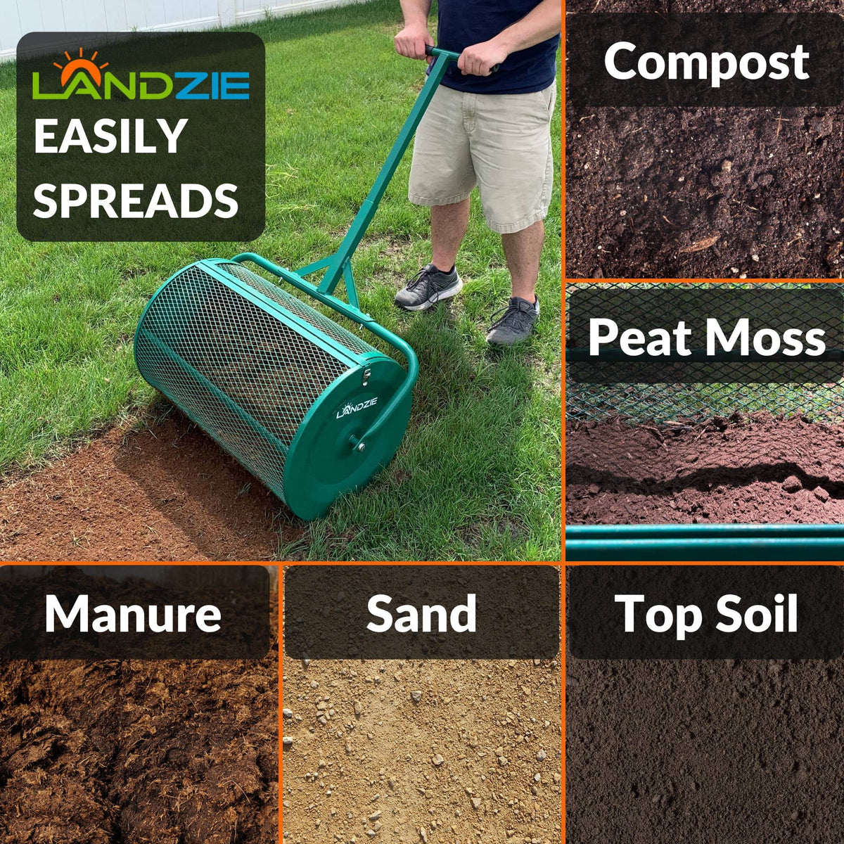 Landzie 24-Inch Walk-Behind Compost Spreader With Metal Mesh Basket