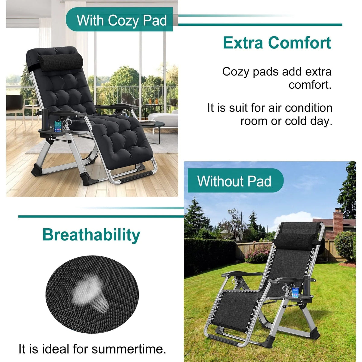 Docred Zero Gravity Folding Recliner Chair With Pad, Headrest And Cup Holder