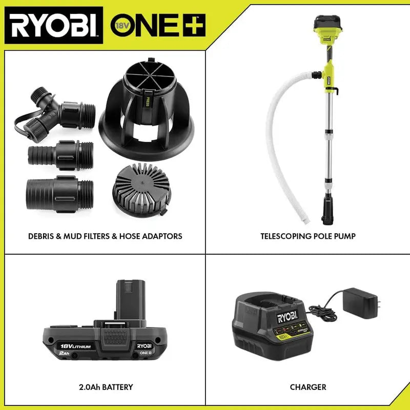 RYOBI ONE+ 18V Cordless 1/6 HP Telescoping Pole Pump With 2.0 Ah Battery And Charger - RY20UP022K