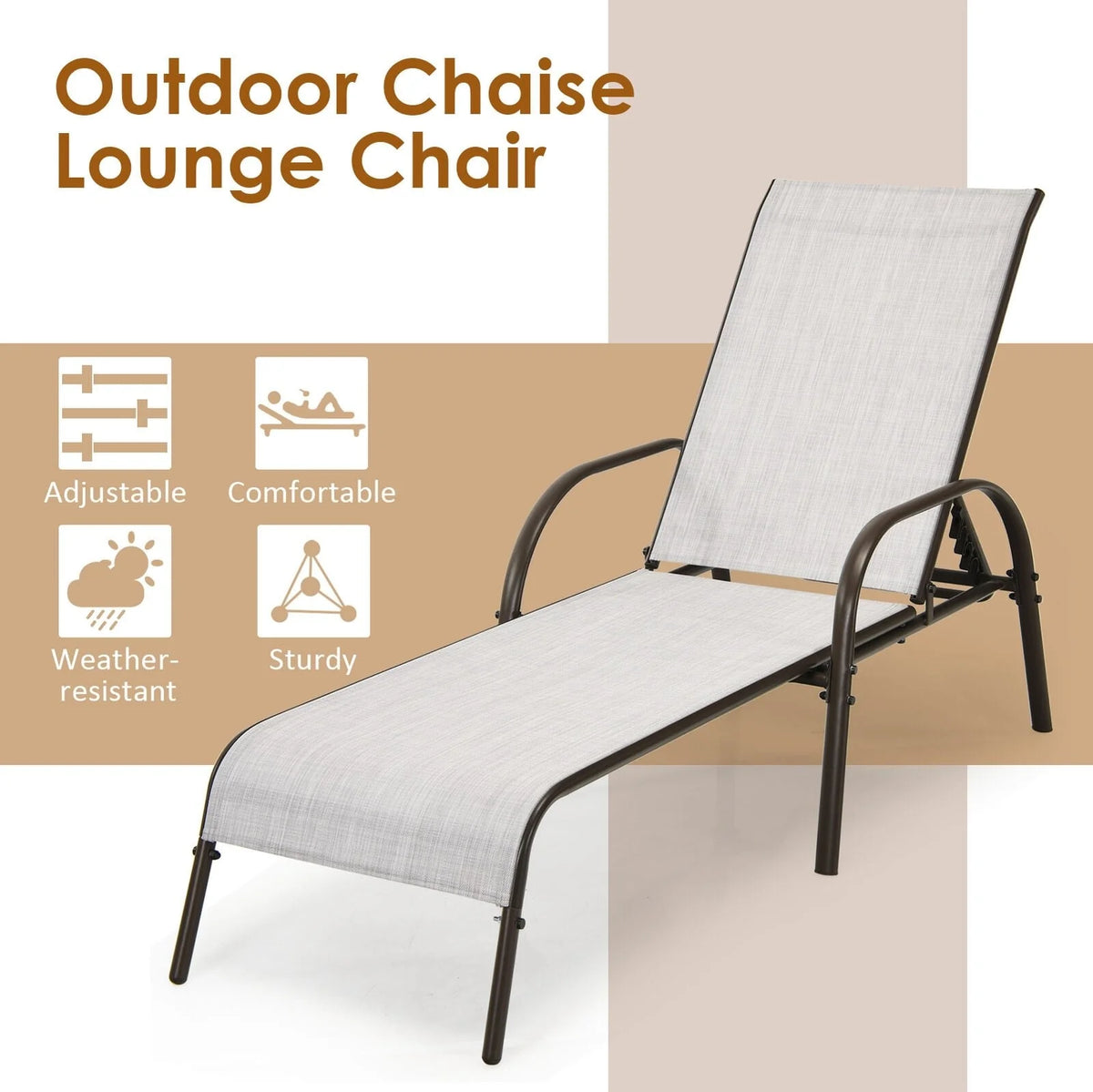 Fabric Folding Outdoor Chaise Lounge Chairs, 2 Pcs, 5 Position