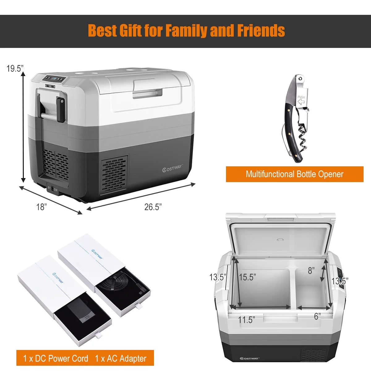 Costway 58 Quart Portable Electric Car Refrigerator Freezer - Dual Zone