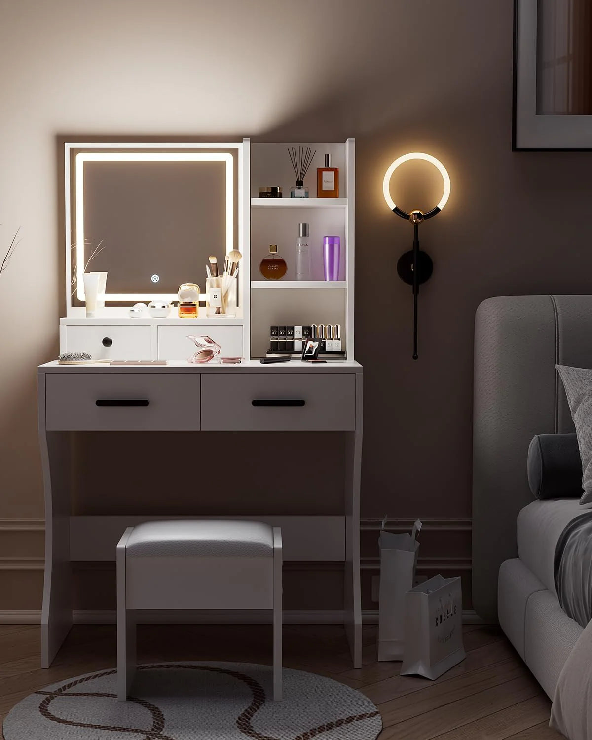 Makeup Table With Mirror, Lights And Stool, 80x40x135cm, White - D089