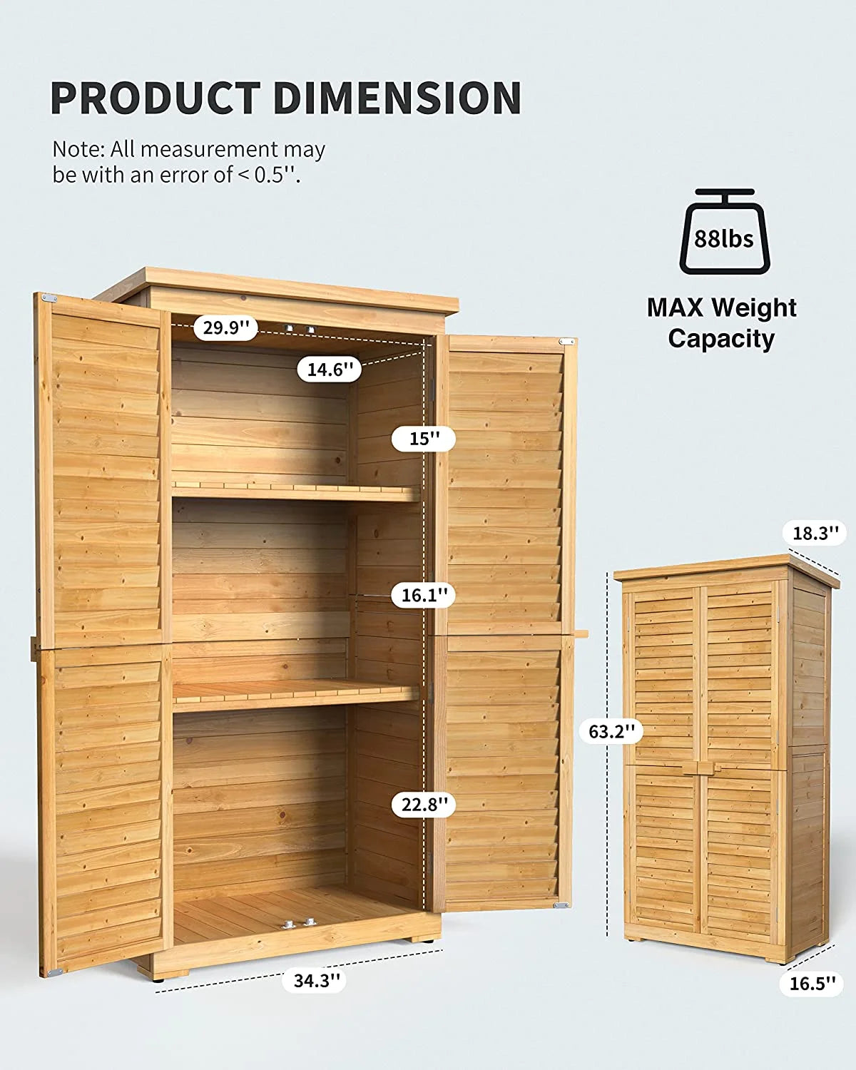 Lofka Outdoor Storage Cabinet With 2 Lockable Doors And 2 Adjustable Shelves, 34.3 x 18.3 x 63.2 in