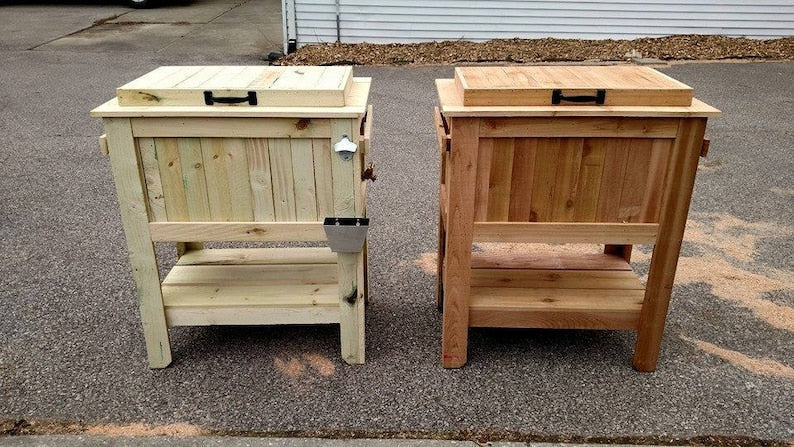 Inked Woodworking 48 Quart Antiqued Cedar Cooler Stand With Brass Drain, Bottle Opener And Cap Catcher
