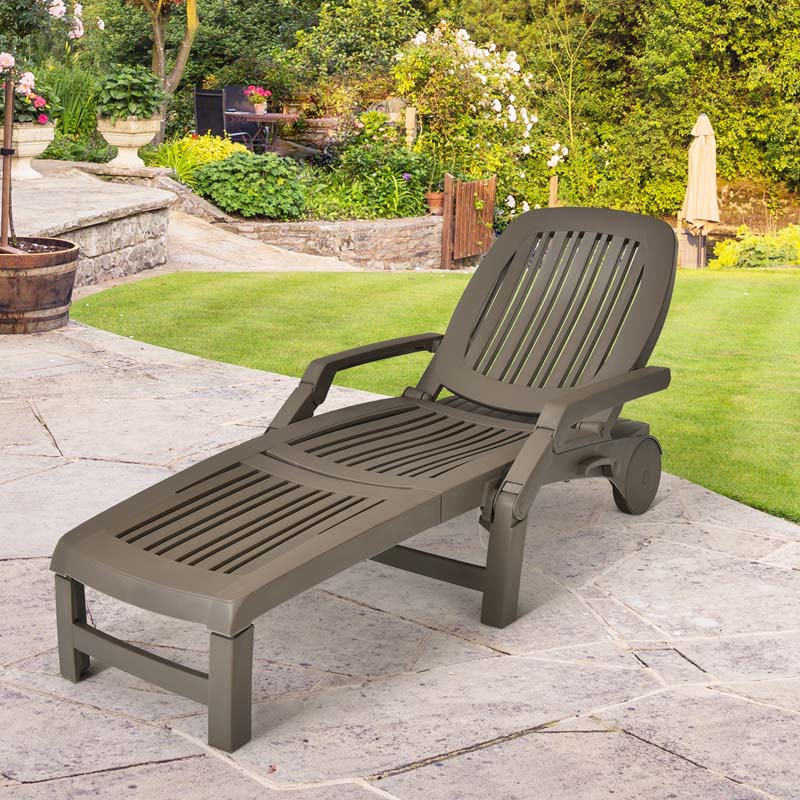 Folding Plastic Outdoor Chaise Lounge Chair With Wheels, 6-Position, 65.5 x 29 x 16.5-37 in, 330 lbs