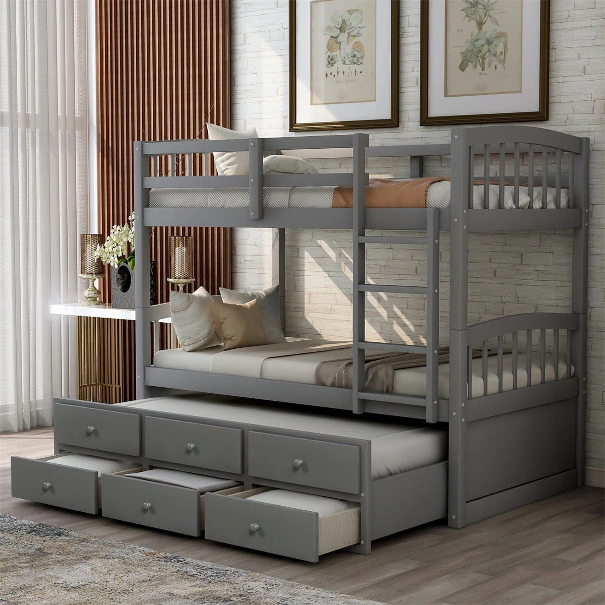 Twin-Over-Twin Bunk Bed With Trundle, Ladder, Safety Rail, 3 Drawers, Plywood, MDF and Pinewood - Gray