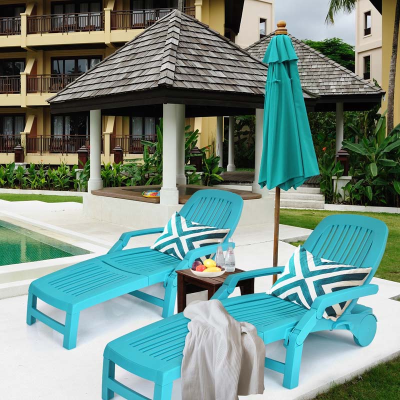 Folding Plastic Outdoor Chaise Lounge Chair With Wheels, 6-Position, 65.5 x 29 x 16.5-37 in, 330 lbs