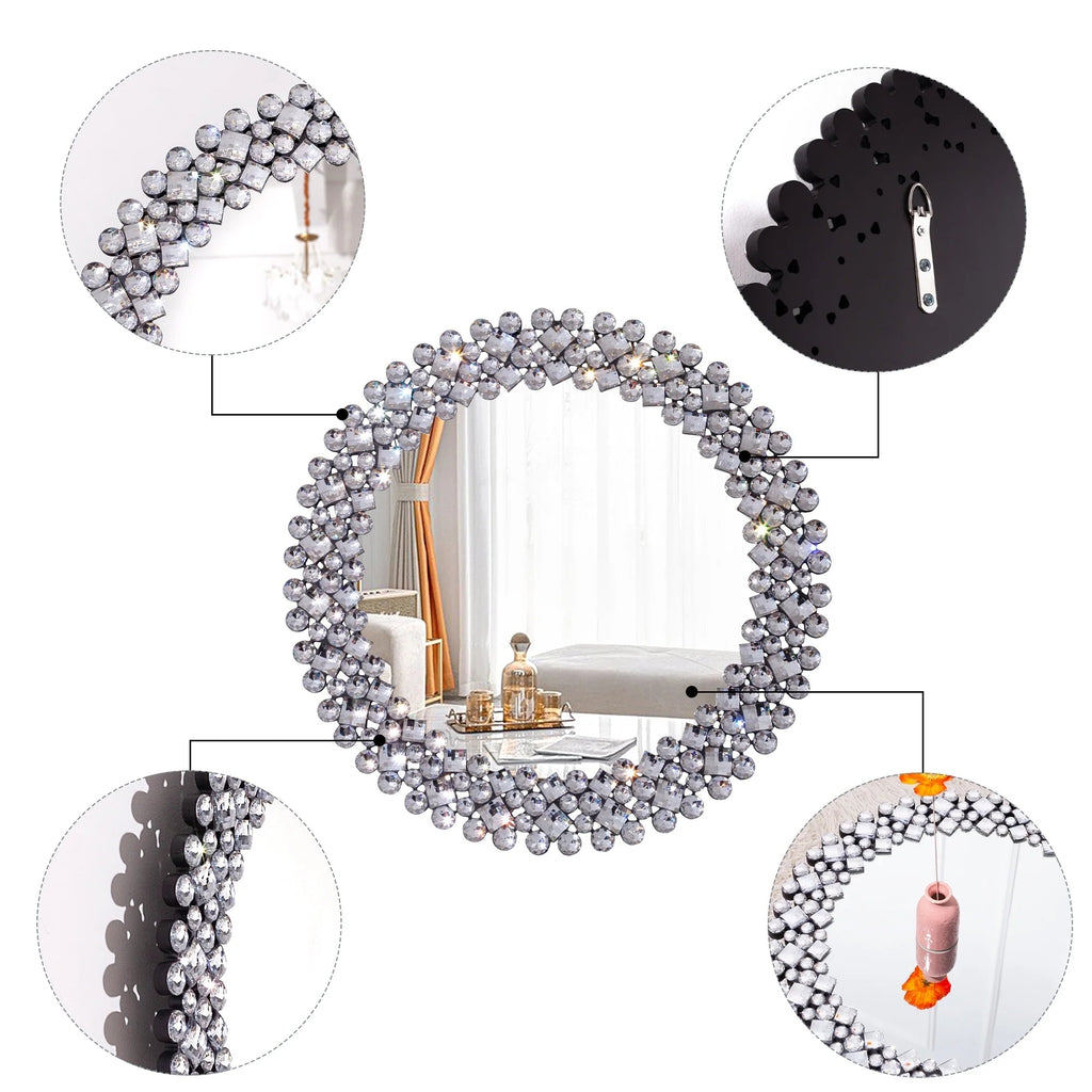 Round Crystal Accent Decorative Wall Mirror - 18/24/34 in