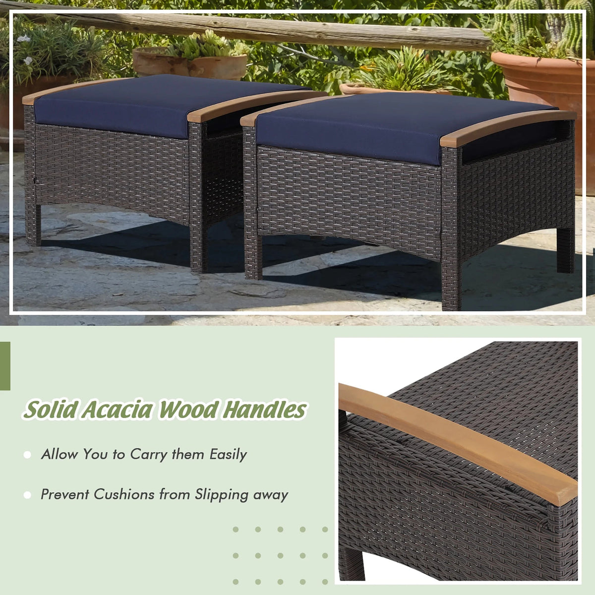 Costway Set Of 2 Patio Rattan Ottoman Footrests With Cushions, Mix Brown/Beige, 25 x 20 x 16 in